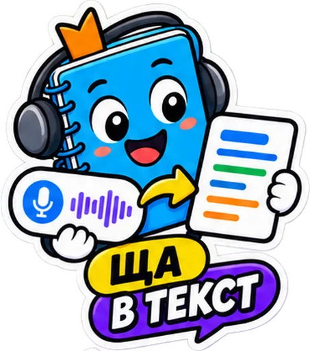 Sticker: the blue notebook in headphones with the caption "Turning it into text"