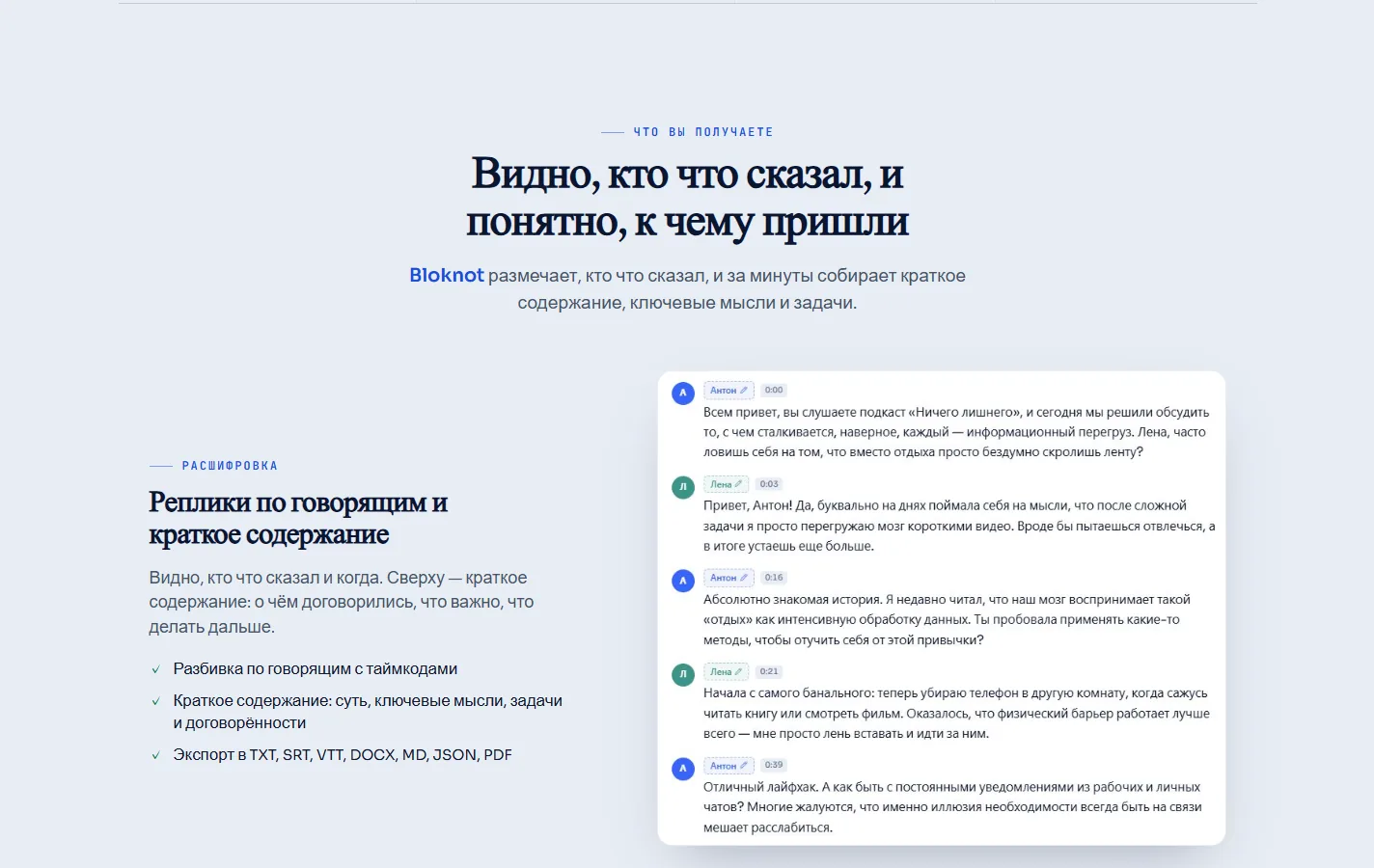 The transcript block: lines split by speaker with timestamps, and a list of what the summary contains beside it