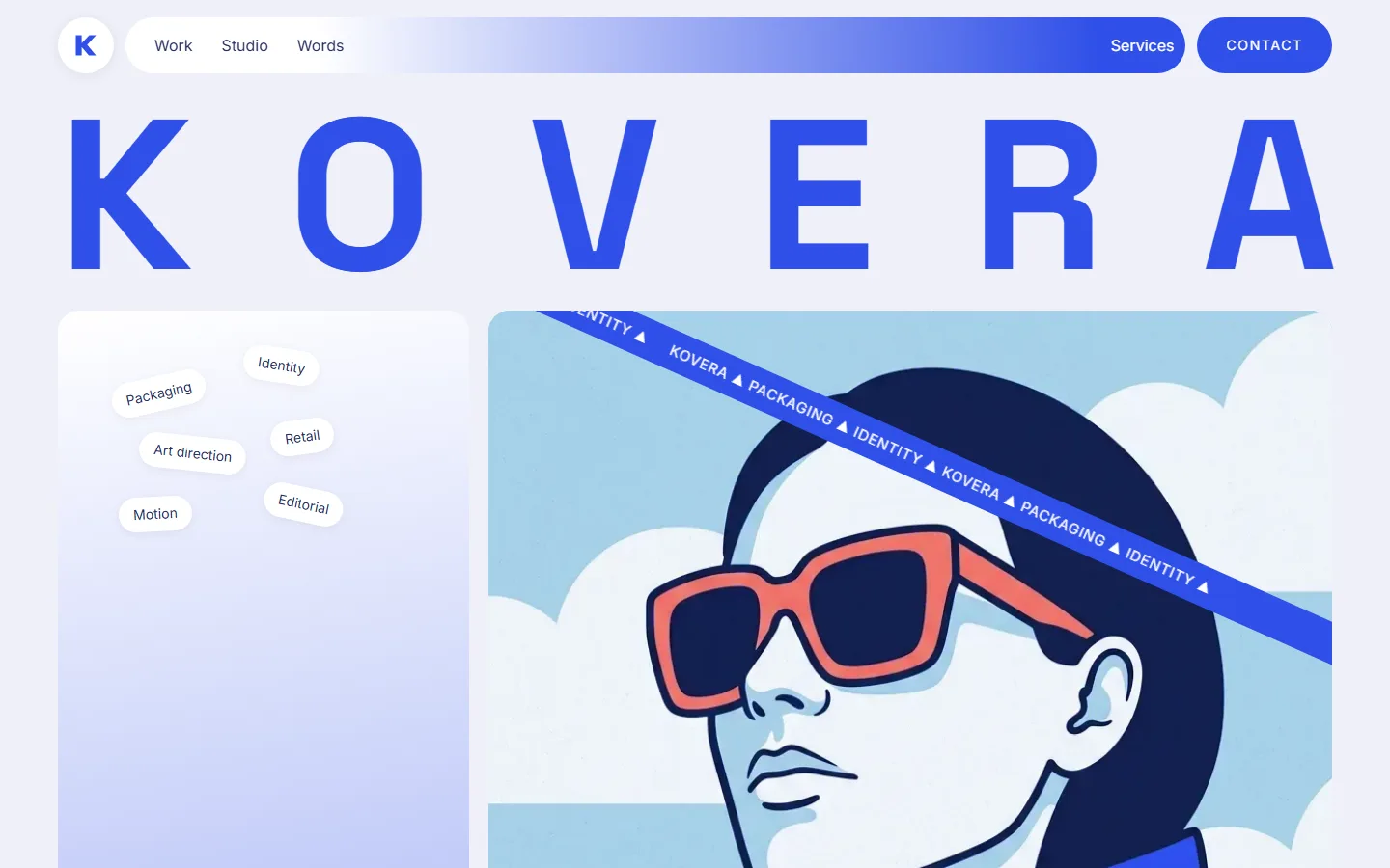 The first screen: the studio name in large blue letters across the width, a list of services and a drawn portrait.