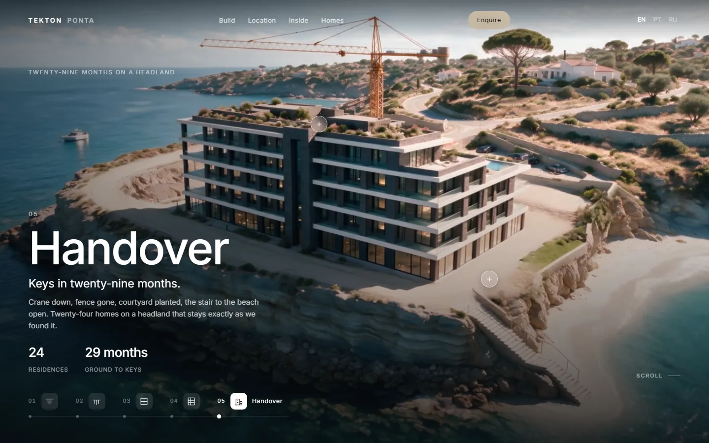 The handover stage of the build film: the finished building on a headland above a cove, with hotspots on the frame, the residence and month counts, and the five-stage strip below.