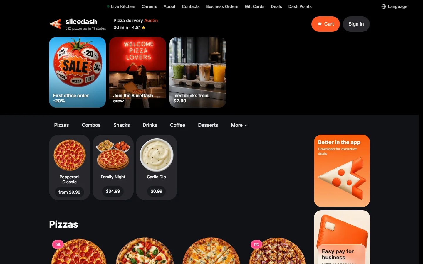The top of the pizza delivery site: logo, city and delivery time, three promo tiles and the category tabs.