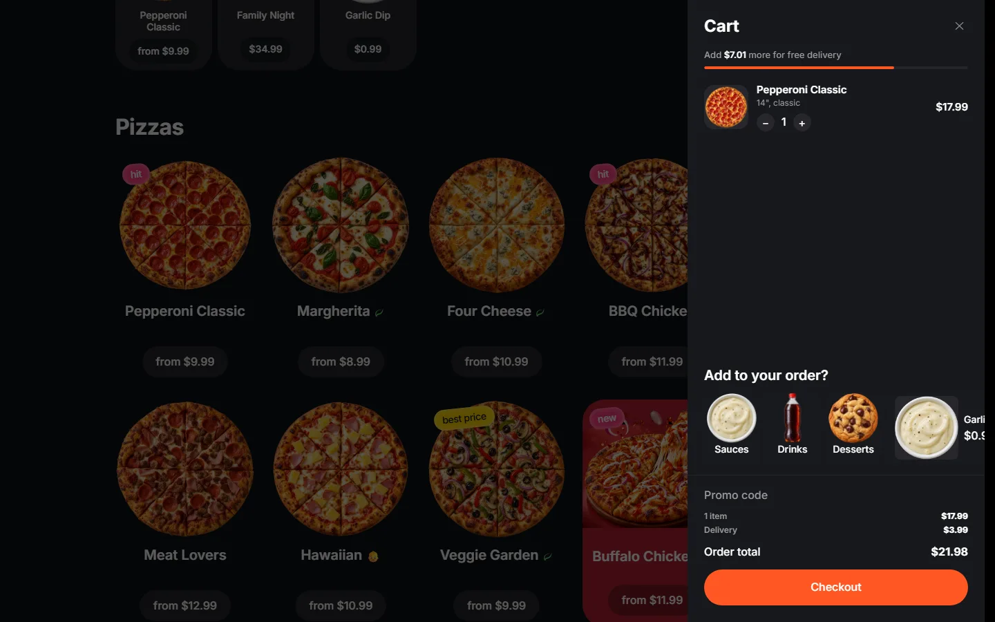 The open cart drawer: the pizza with its quantity control, the line for seven dollars and one cent more to free delivery, and sauces, drinks and desserts offered as add-ons.