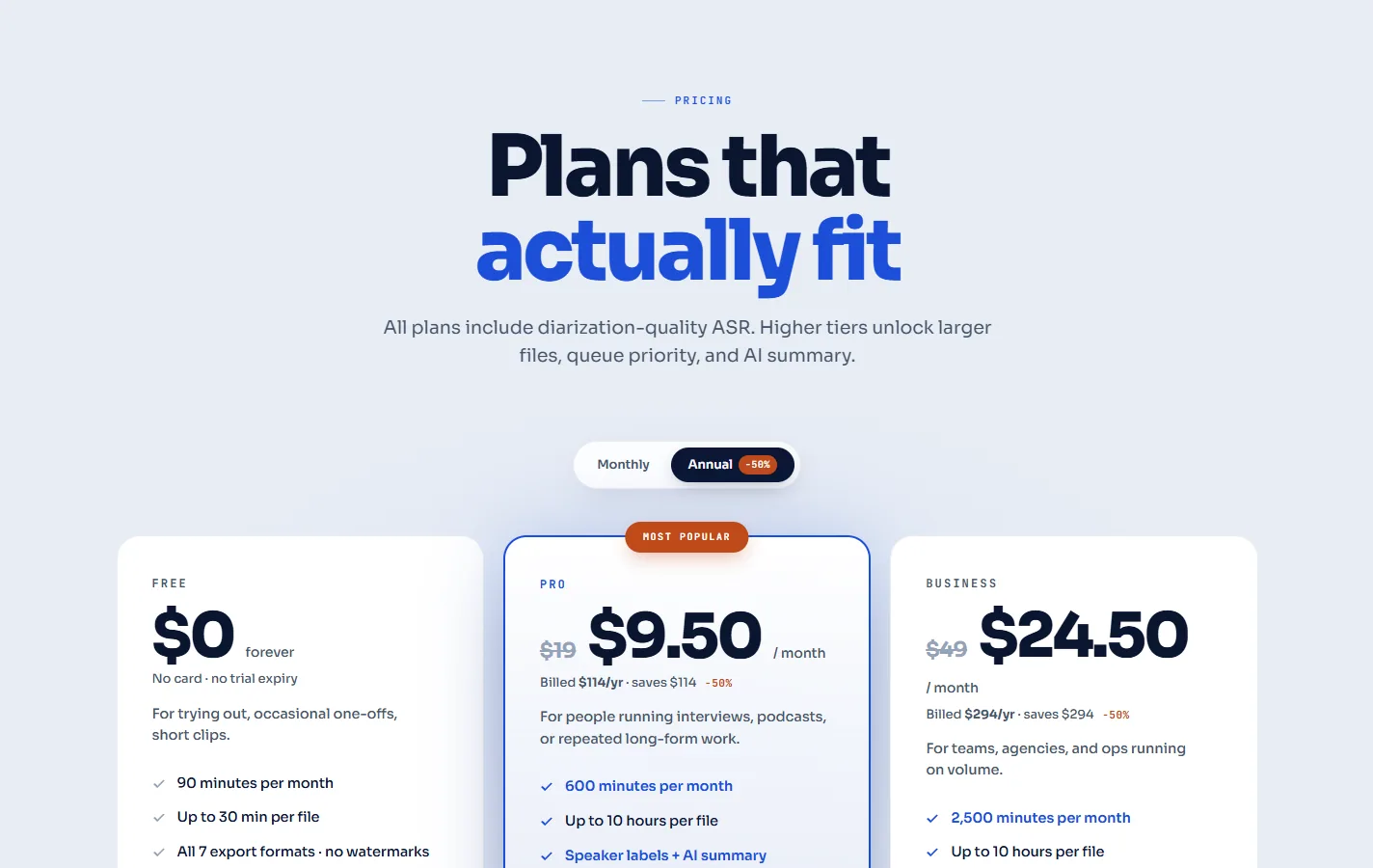 The pricing block with a monthly and annual switch and three plan cards